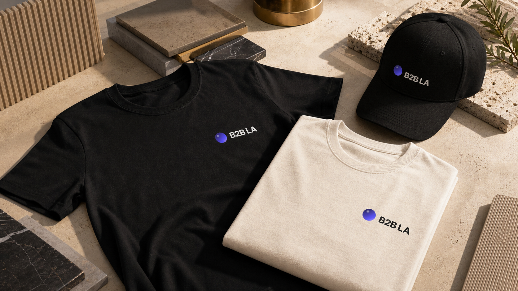 B2B LA t-shirt and hat brand mockup